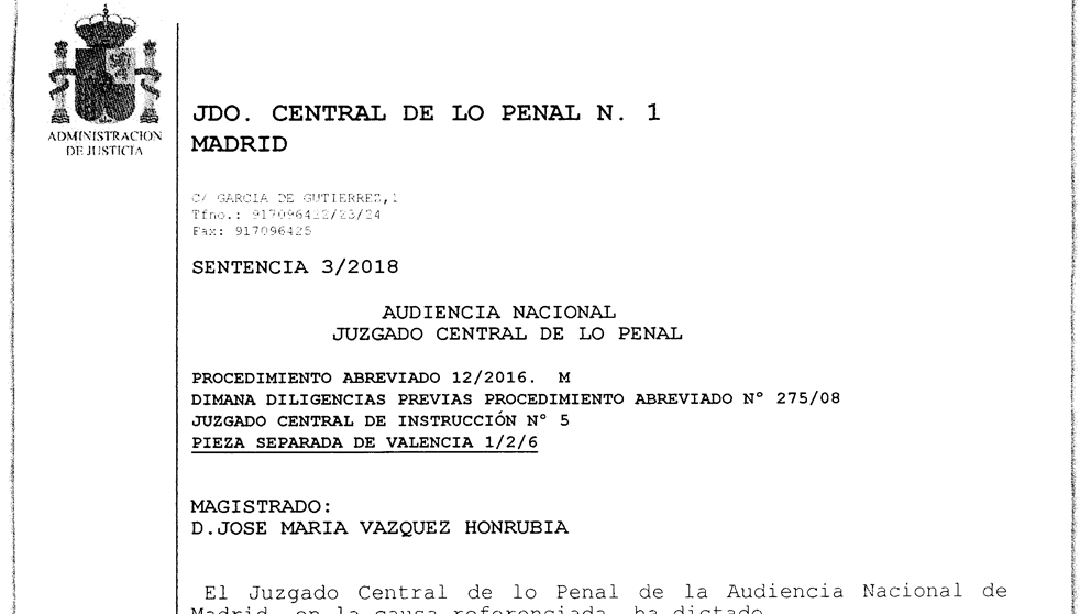 Inicio de la sentencia de la Audiencia Nacional sobre el caso Gürtel en su rama valenciana.