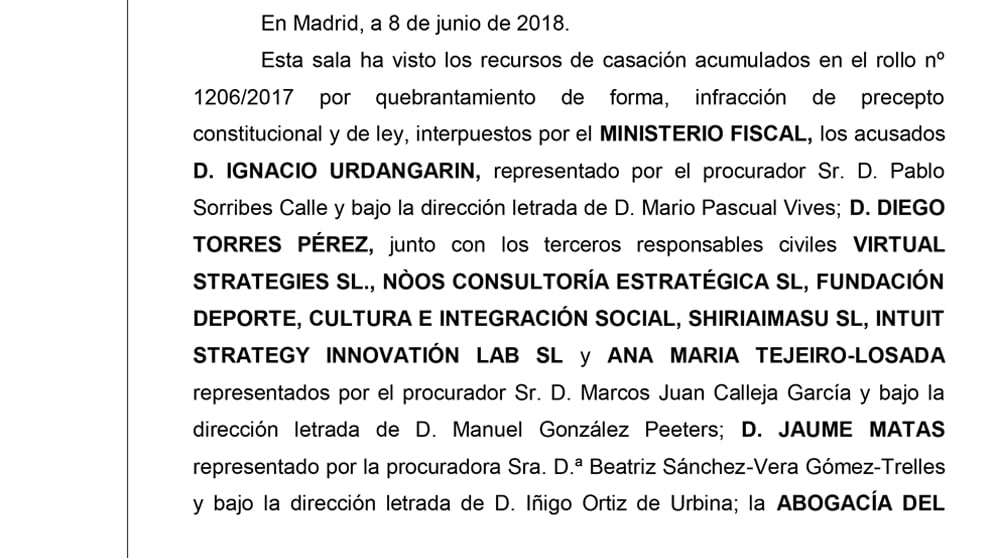 Primera página de la sentencia del caso Nóos.