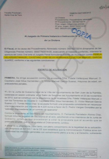 Escrito acusatorio de la Fiscalía y por el que se solicita la apertura de juicio oral contra la alcaldesa del PSOE en San Juan de la Rambla (Tenerife)
