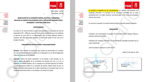 Resolución de la Comisión Federal de Ética del PSOE firmada por Isabel Celaá y Félix Bolaños.