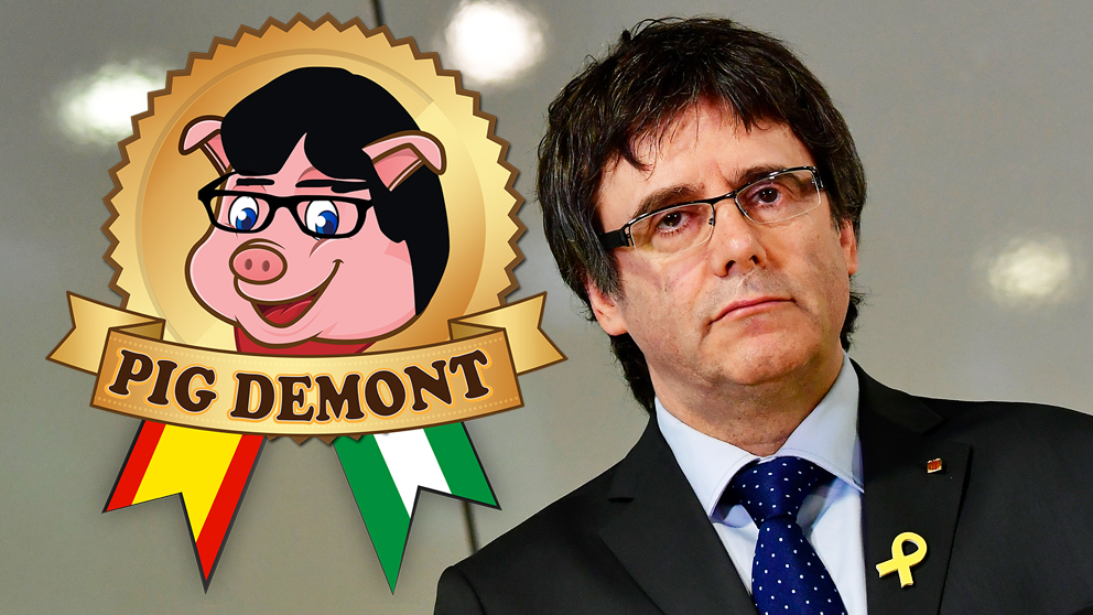 Carles Puigdemont y el logo de la empresa ‘Pig Demont’.