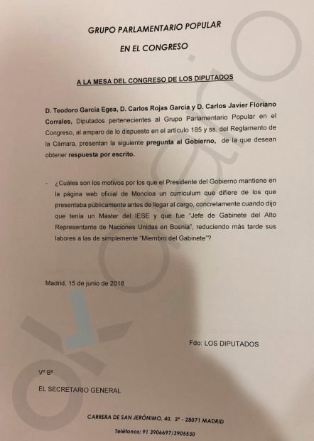 El PP pregunta al Gobierno por los currículums ‘fake’ de Sánchez y Montero revelados por OKDIARIO