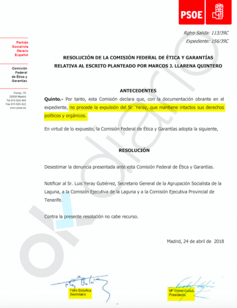 Resolución del Comité de Ética del PSOE exonerando a su dirigente canario condenado por asalto y agresión a un policía