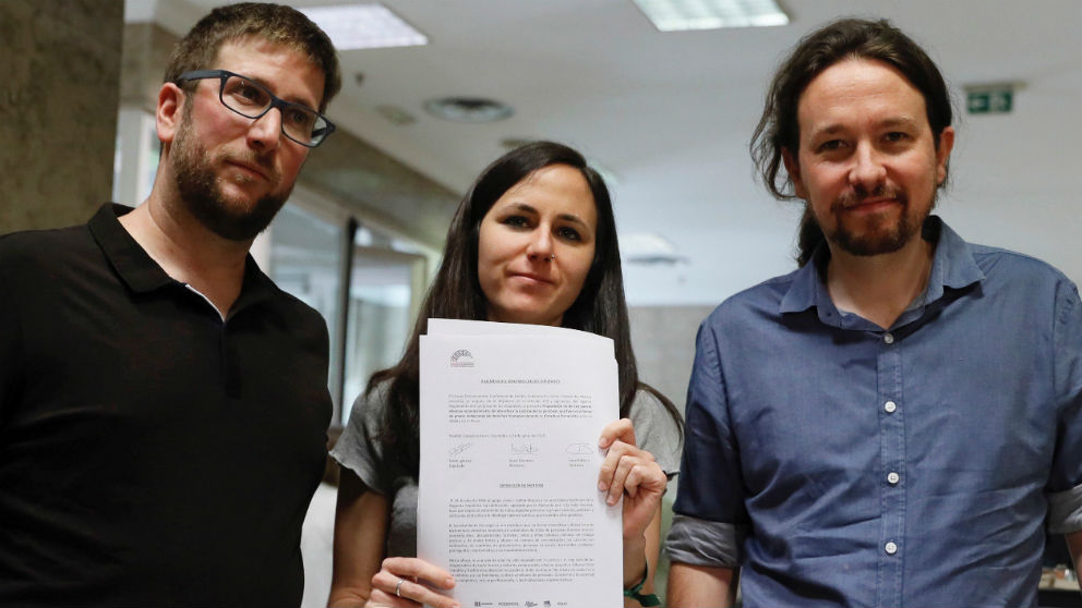 Pablo Iglesias, Ione Belarra y Miguel Urbán, en el Congreso de los Diputados.