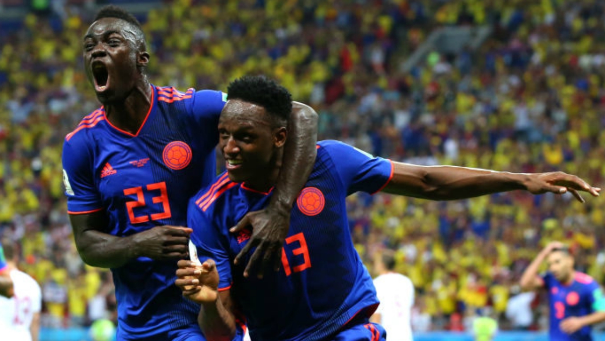 Yerry Mina celebra su gol ante Polonia. (Getty Images) | Polonia – Colombia | Mundial 2018 en directo
