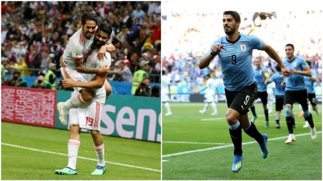 Isco, Diego Costa y Luis Suárez, celebrando sendos goles durante el Mundial.