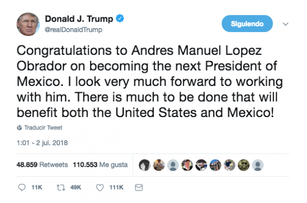 Donald Trump felicita a Andrés Manuel López Obrador por su victoria en México. 