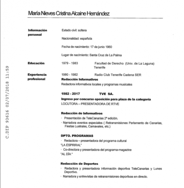 Currículum de Nieves Cristina Alcaine Hernández según la propuesta registrada por el PP (I)