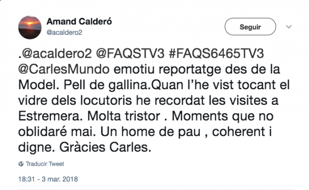 Mensaje en Twitter del director de Prisiones de la Generalitat en apoyo de Mundó