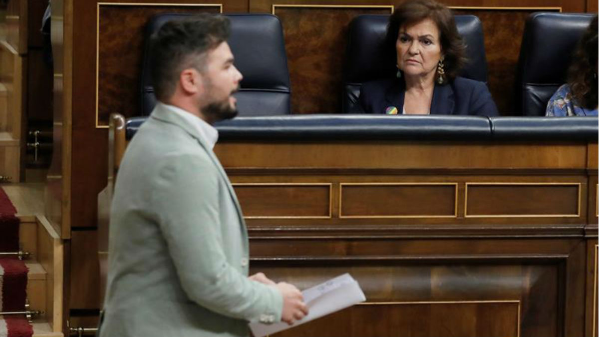 Gabriel Rufián esta tarde en el Congreso de los Diputados (EFE).