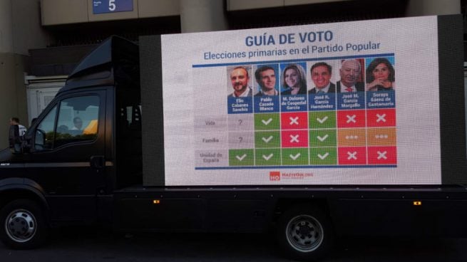 Una de las dos camionetas que Hazte Oir ha puesto en circulación analizando a los 6 candidatos a las primarias del PP.