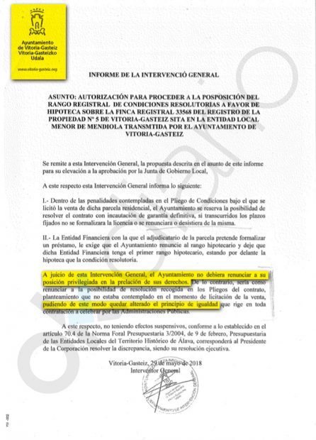 El informe de la Intervención del Ayuntamiento de Vitoria alertando de las irregularidades