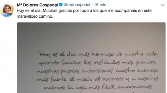 Cospedal cuelga en Twitter una cita falsa del ‘Quijote’ para agradecer el apoyo en las Primarias
