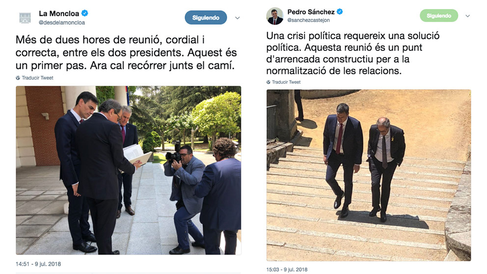 Los tuits de Pedro Sánchez y de La Moncloa escritos en catalán con motivo de la visita de Quim Torra