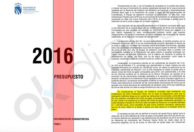 Memoria de los presupuestos municipales del Ayuntamiento de Fuenlabrada del año 2016.