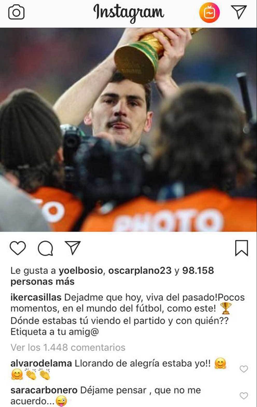 Sara Carbonero trolea a Casillas en Instagram y ‘se olvida’ del beso tras la final del Mundial