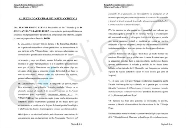 Escrito presentado por la defensa del comisario José Villarejo.