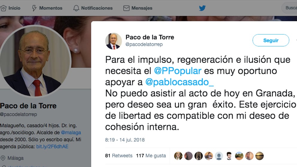 Tuit de Francisco de la Torre en apoyo a Pablo Casado.