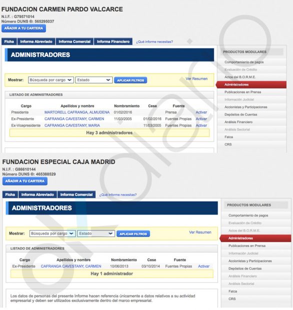 Cargos de Carmen Cafranga en el Registro mercantil.