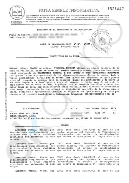 Nota simple del Registro de la Propiedad donde consta que Puente y su esposa compraron finalmente el piso de 282,11 metros cuadrados