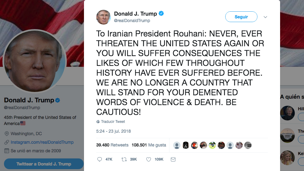 Tuit de Donald Trump dirigido al presidente de Irán, Hasán Rohani.