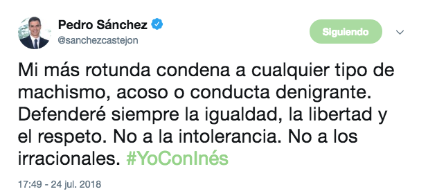 Mensaje de apoyo de Pedro Sánchez a Inés Arrimadas por los ataques machistas que ha recibido