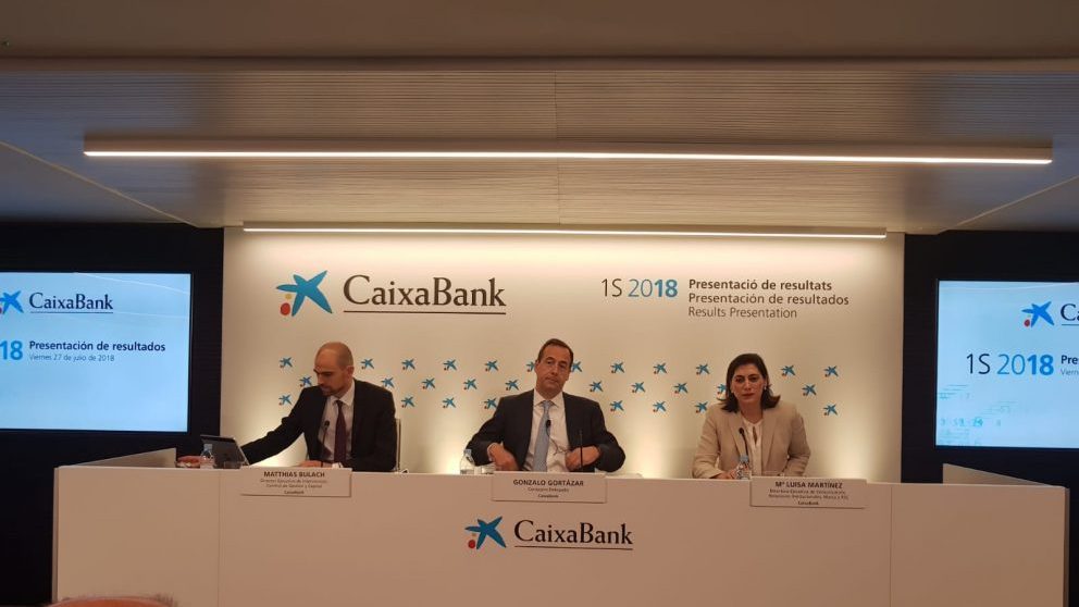 Matthias Bulach, Gonzalo Gortázar y María Luis Martínez, de CaixaBank.