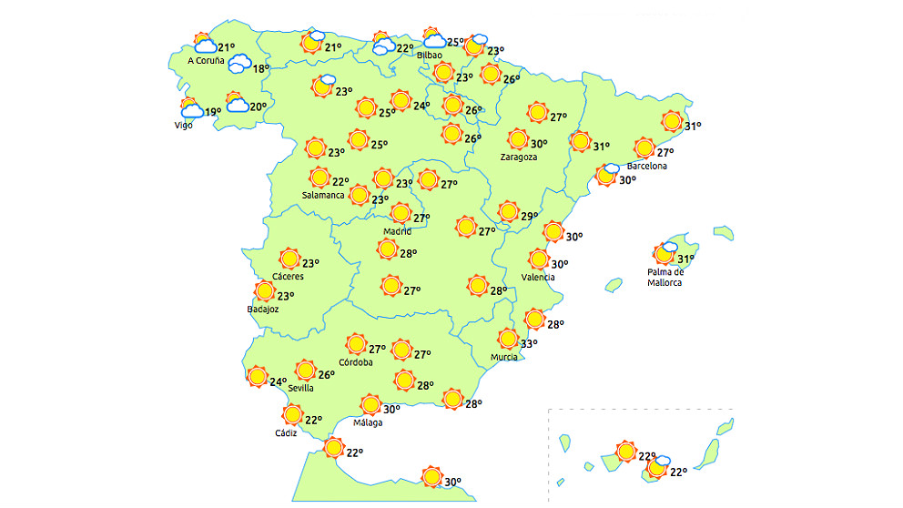 Previsión del tiempo para el domingo 29 de julio.