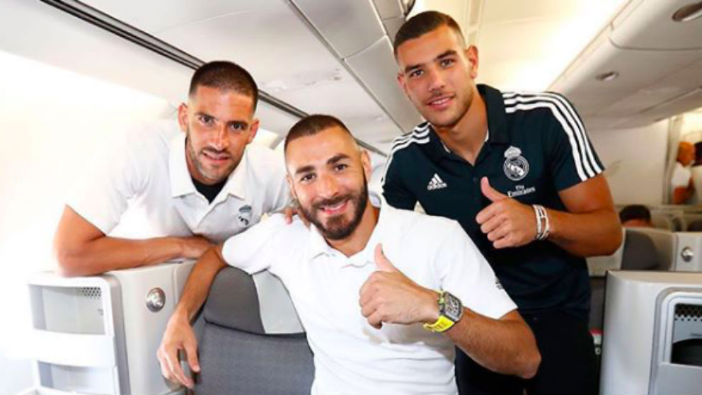 Kiko Casilla, Karim Benzema y Theo Hernández, antes de volar a la gira por Estados Unidos del Real Madrid. (@theo3hernandez)