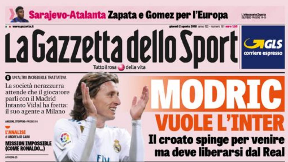 Portada de La Gazzeta dello Sport del día 2 de agosto.