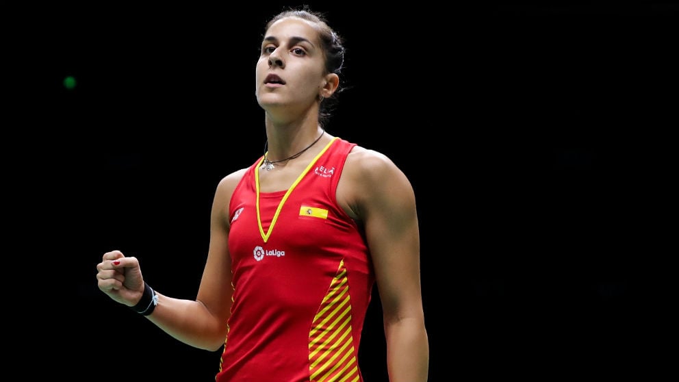 Carolina Marín celebra su victoria en los cuartos de final del Mundial de bádminton. (Getty)