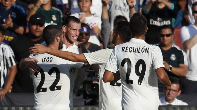 Bale celebra con sus compañeros su gol ante la Juventus (AFP).