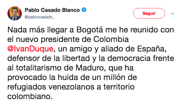 Casado elogia la labor del presidente colombiano Iván Duque frente al «totalitarismo» de Maduro