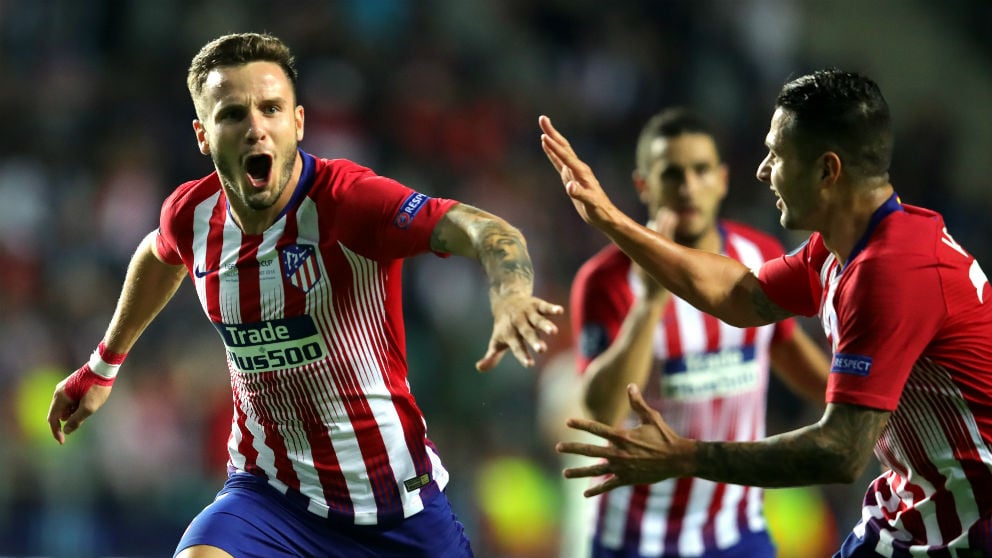 Saúl celebra su gol con el Atlético en la Supercopa. (Getty)