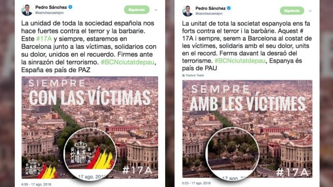 Sánchez borra la bandera española en su mensaje en catalán por las víctimas del 17-A