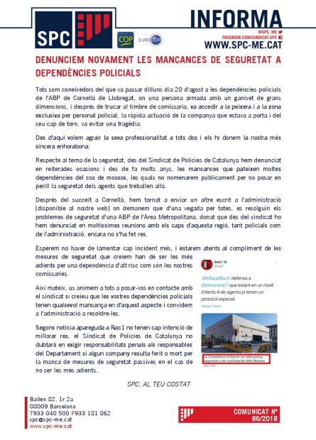 Nota del sindicato de Mossos SPC advirtiendo a la Generalitat si no incrementa la seguridad