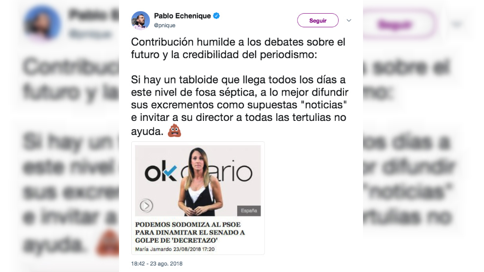 Tuit de Pablo Echenique descalificando como «excremento» la opinión de María Jamardo.