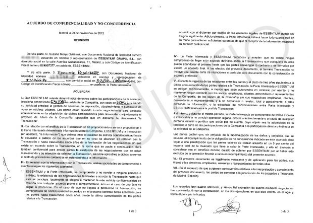 Acuerdo para comprar la sociedad brasileña Emissao firmado por la exvicepresidenta del Barça, Susana Monje y el expresidente de Inassa, Edmundo Rodríguez Sobrino.
