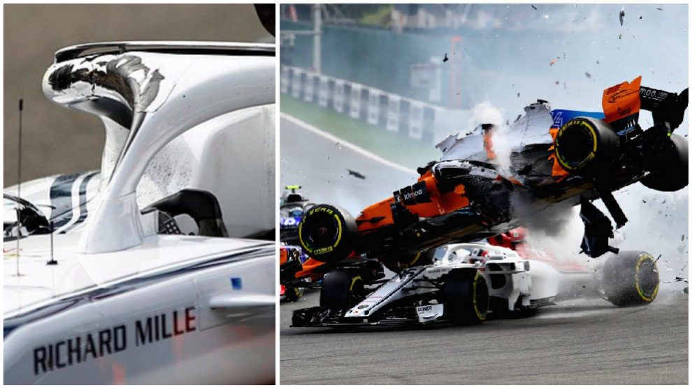 El coche de Leclerc, con la parte del Halo dañada, tras el accidente de Fernando Alonso.