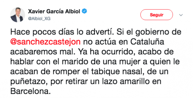 Mensaje de Xavier García Albiol sobre la agresión sufrida por una mujer en Barcelona. 