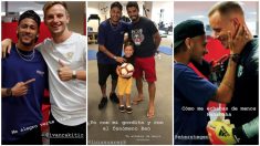 Neymar visita a sus ex compañeros en Barcelona.