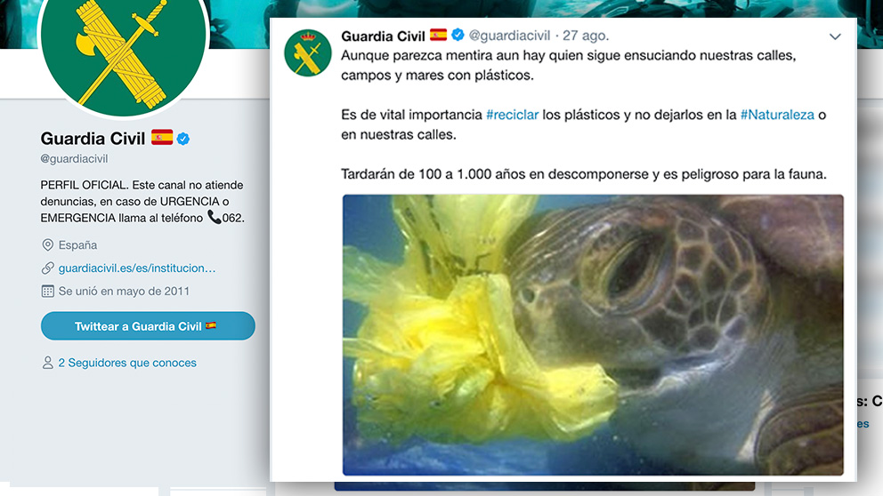 Tuit de la Guardia Civil sobre la contaminación de los plásticos