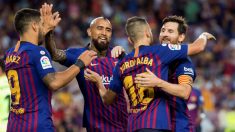 Los jugadores del Barcelona celebran un gol ante el Huesca