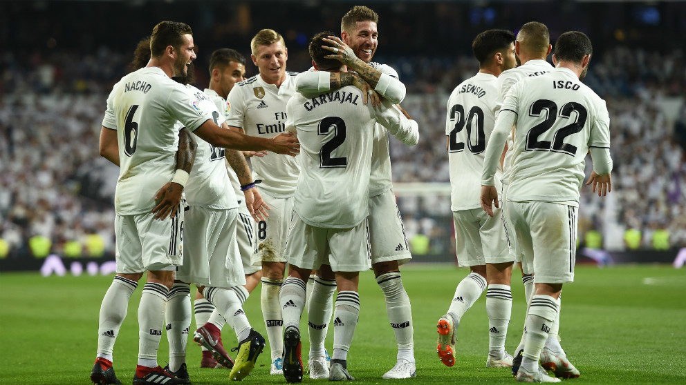 Los jugadores del Real Madrid celebran un gol (Getty)