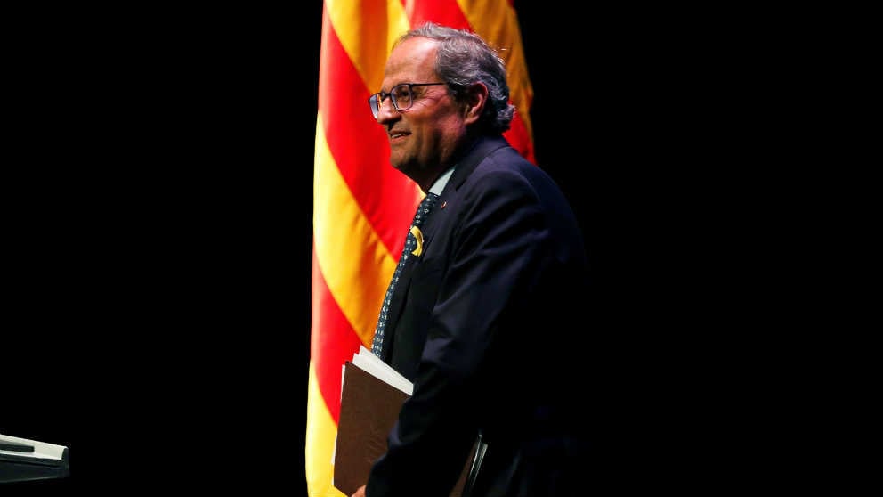 El presidente de la Generalitat Quim Torra desde el escenario de su discurso de Barcelona