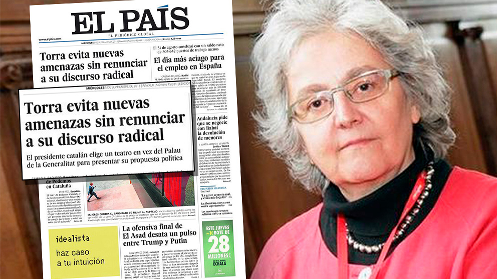 La directora de ‘El País’, Soledad Gallego-Díaz, junto a la portada que ha indignado a dos ex empleados del periódico