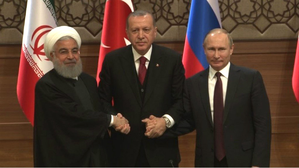 Hasan Rohani, Recep Tayyip Erdogan y Vladimir Putin, en Teherán. (TW)