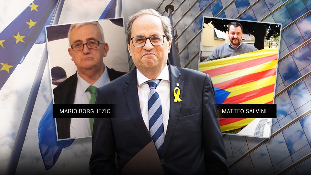 El eurodiputado Mario Borghezio, el presidente Quim Torra y Matteo Salvini, el racista que dirige la Liga Norte.