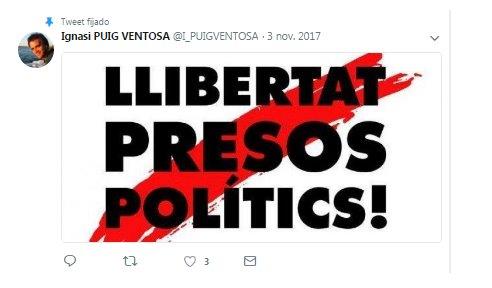 Ignasi Puig exige la libertad de los presos catalanes golpistas desde su cuenta de Twitter.