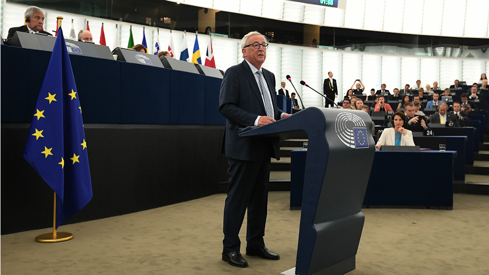 Jean-Claude Juncker, presidente de la Comisión, durante el Debate sobre el estado de la Union, en Estrasburgo. (AFP)